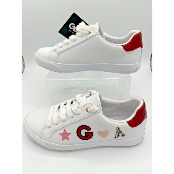 GBG Los Angeles White Sneakers 6.5 Paris Patch Red Heel - Picture 2 of 12